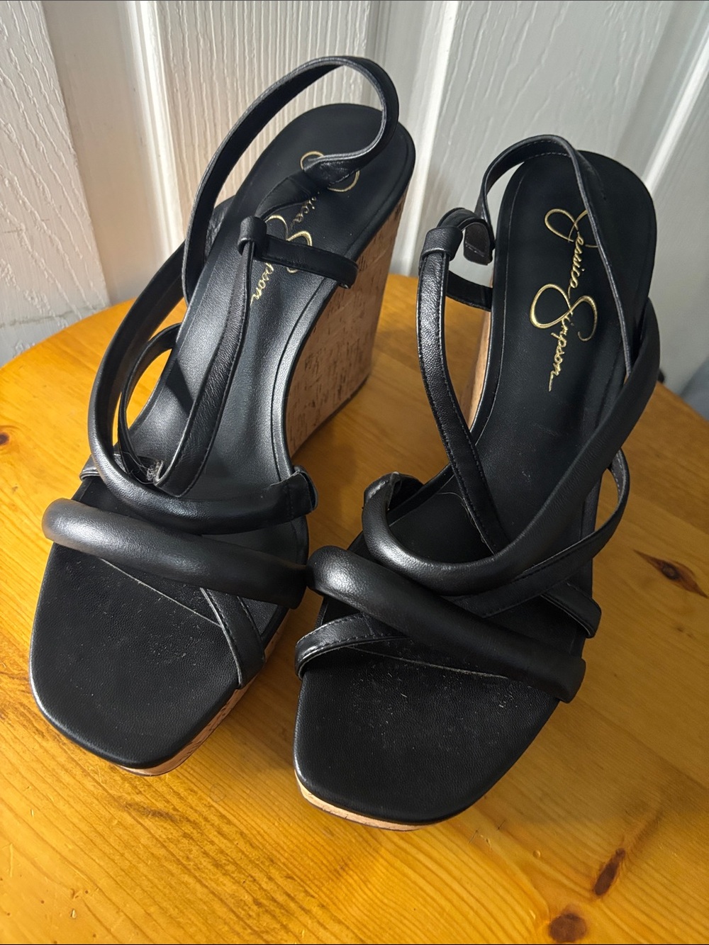 Jessica Simpson Black Strappy Cork Wedge Sandals 11M/43